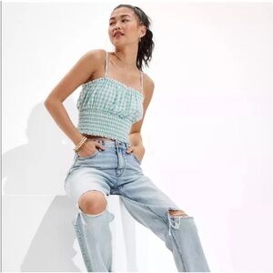 American Eagle Sleeveless Smocked Gingham Cotton/ Linen Blend Cami.